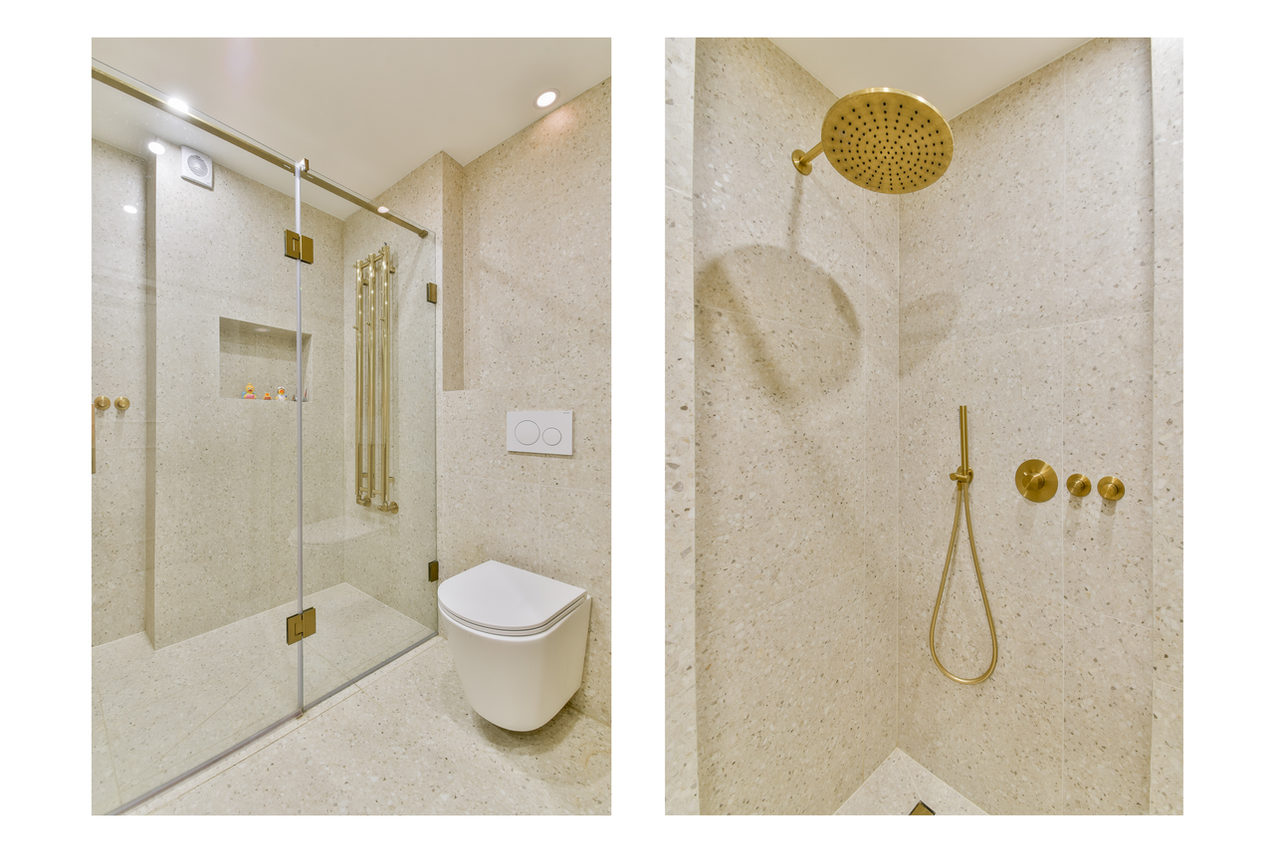 Terrazzo and gold bathroom, Golden Sands in Amsterdam